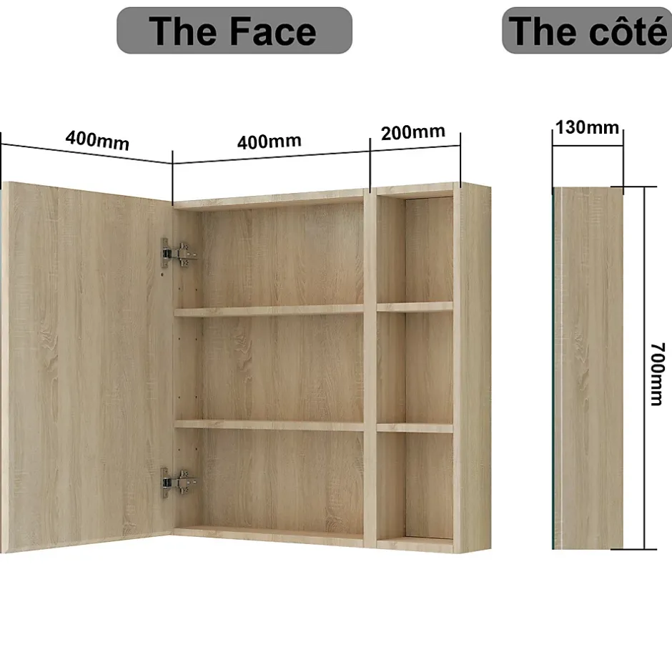 AICA Sanitaire Armoire de Toilette Mural avec Miroir Niches Intégrées et Rangement Fermé - Moderne,Chêne, 60x70 cm,