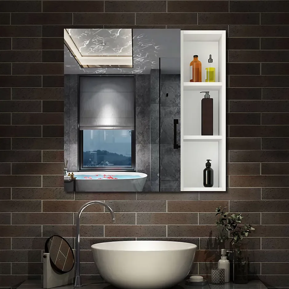 AICA Sanitaire Armoire de Toilette Mural avec Miroir Niches Intégrées et Rangement Fermé - Moderne, Blanc, 60x70 cm,