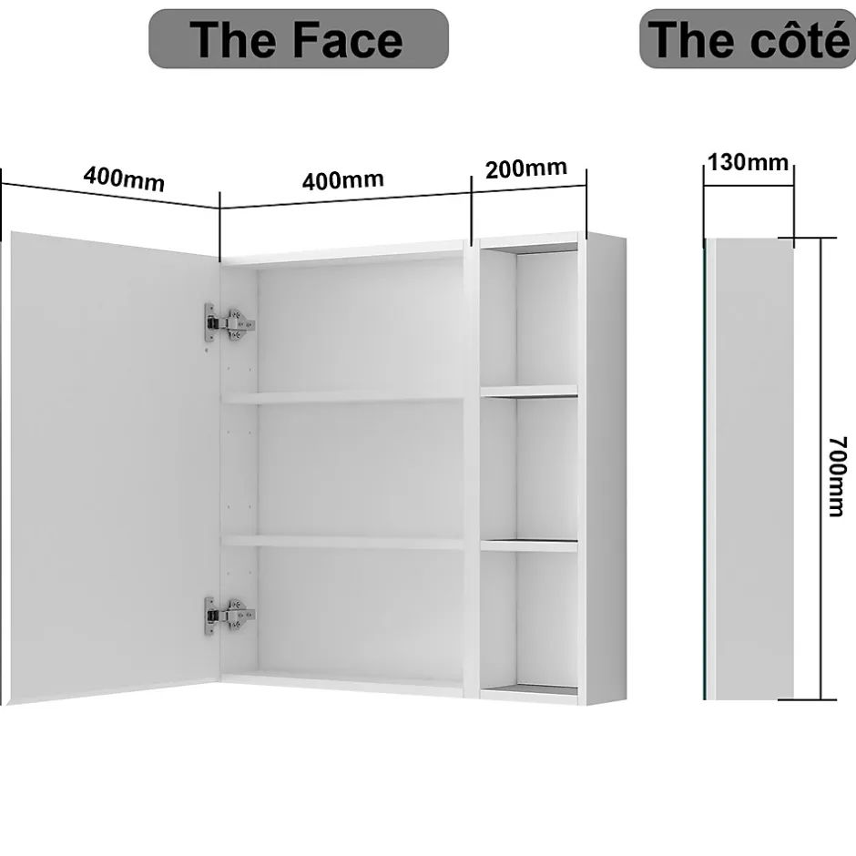 AICA Sanitaire Armoire de Toilette Mural avec Miroir Niches Intégrées et Rangement Fermé - Moderne, Blanc, 60x70 cm,
