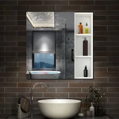 AICA Sanitaire Armoire de Toilette Mural avec Miroir Niches Intégrées et Rangement Fermé - Moderne, Blanc, 70x70 cm,