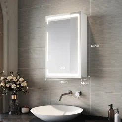 Sirhona Armoire de toilette miroir de salle de bain avec lumière LED 3 couleurs,38x60cm, meuble de rangement blanc anti-buée* Armoire De Toilette