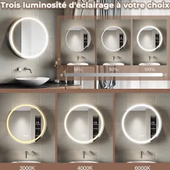 Sirhona Armoire de toilette Rond 60x60cm+Touch+LED Tri-couleur Température+ Anti-buée+ Prise rasoir