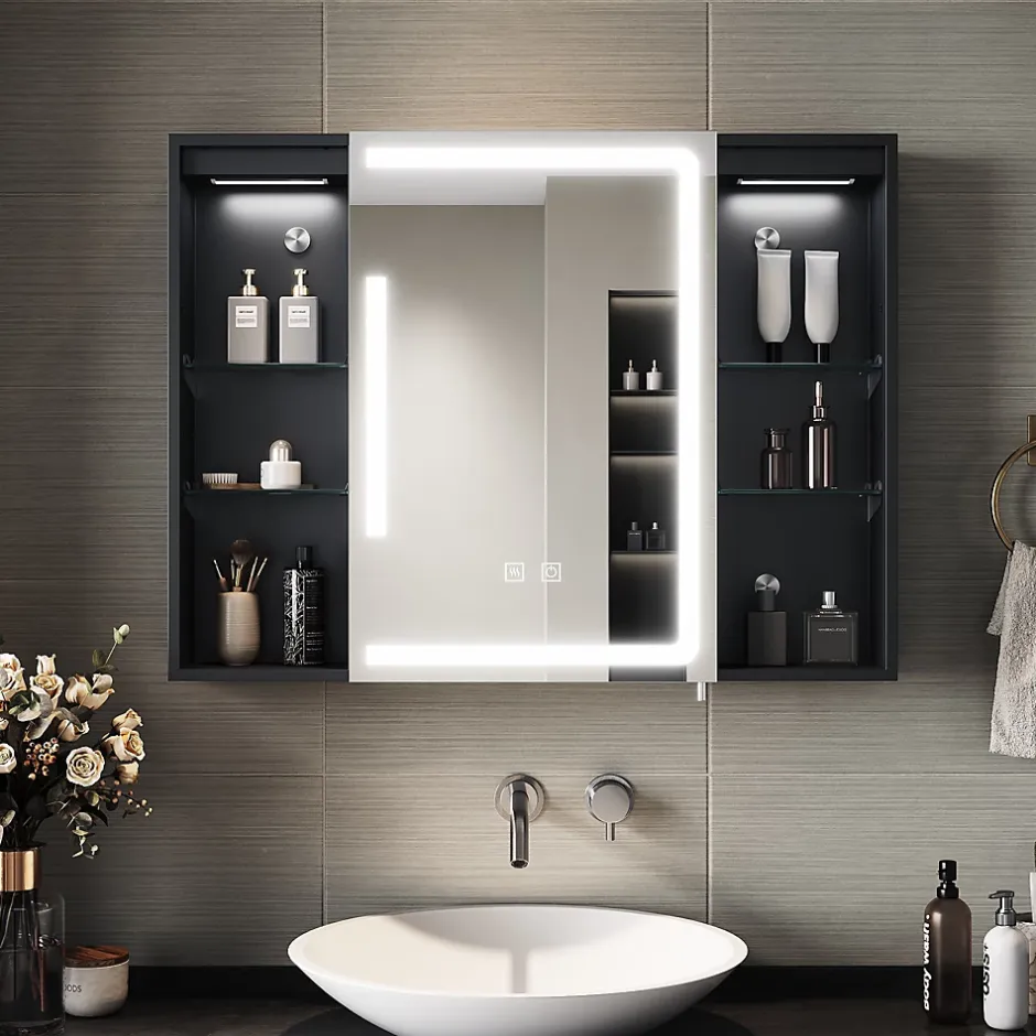 Sirhona Armoire de toilette Grand Rangement 60x75 cm + Interrupteur tactile + Température LED tricolore + Anti-buée + Prise rasoir