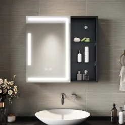 Sirhona Armoire de toilette Etagère de Rangement 65x60cm+Touch+LED Température Tri-Couleur+ Anti-buée+Prise rasoir
