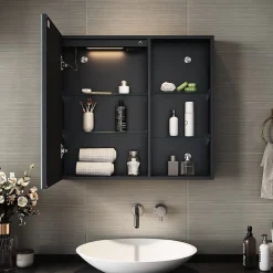 Sirhona Armoire de toilette Etagère de Rangement 65x60cm+Touch+LED Température Tri-Couleur+ Anti-buée+Prise rasoir