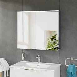 Bernstein Armoire de toilette suspendue Anthracite mat 80x18x70cm (LxPxH) 2 portes miroir, éclairage LED, tablettes en verre - SOLO