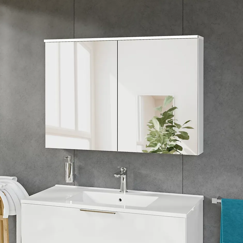 Bernstein Armoire de toilette suspendue Blanc mat 100x18x70cm (LxPxH) 2 portes miroir, éclairage LED, tablettes en verre - SOLO