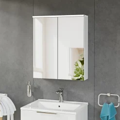 Bernstein Armoire de toilette suspendue Blanc mat 60x18x70cm (LxPxH) 2 portes miroir, éclairage LED, tablettes en verre - SOLO