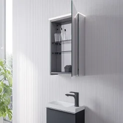 Bernstein Armoire de toilette suspendue miroir 40x19x71cm (LxPxH), charnière à droite, éclairage LED, tablettes en verre - VARO* Armoire De Toilette