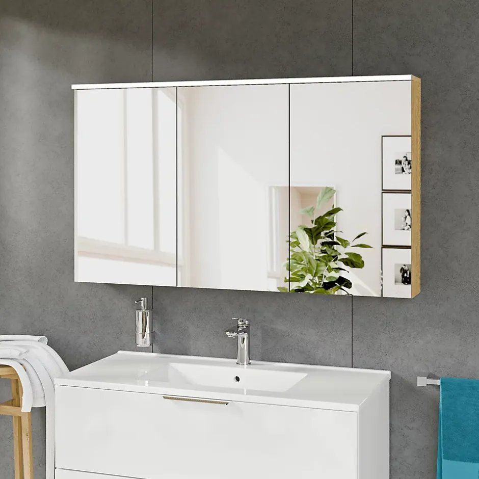Bernstein Armoire de toilette suspendue Chêne miel 120x18x70cm (LxPxH) 2 portes miroir, éclairage LED, tablettes en verre - SOLO