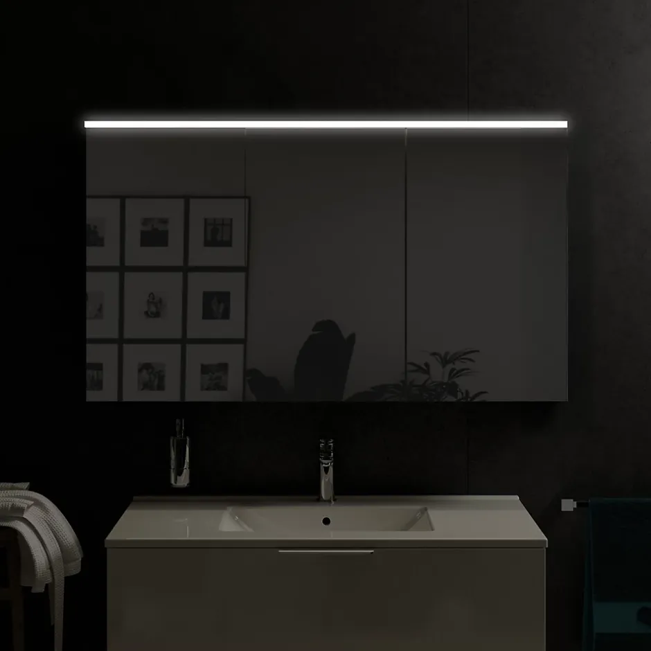 Bernstein Armoire de toilette suspendue Chêne miel 120x18x70cm (LxPxH) 2 portes miroir, éclairage LED, tablettes en verre - SOLO
