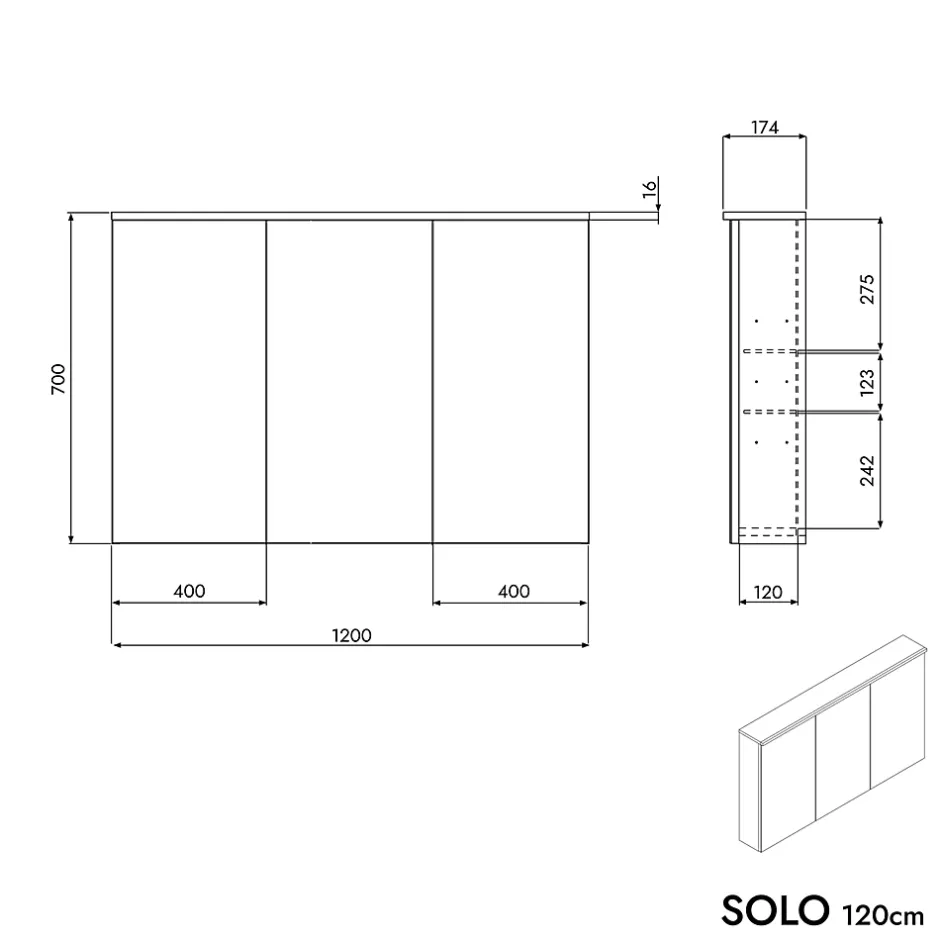 Bernstein Armoire de toilette suspendue Chêne miel 120x18x70cm (LxPxH) 2 portes miroir, éclairage LED, tablettes en verre - SOLO