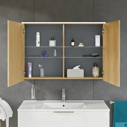 Bernstein Armoire de toilette suspendue Anthracite mat 100x18x70cm (LxPxH) 2 portes miroir, éclairage LED, tablettes en verre - SOLO* Armoire De Toilette