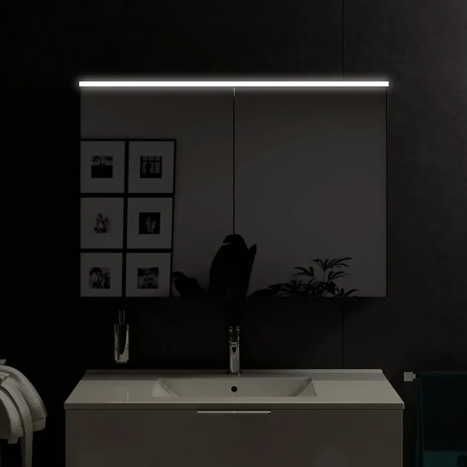 Bernstein Armoire de toilette suspendue Anthracite mat 100x18x70cm (LxPxH) 2 portes miroir, éclairage LED, tablettes en verre - SOLO* Armoire De Toilette