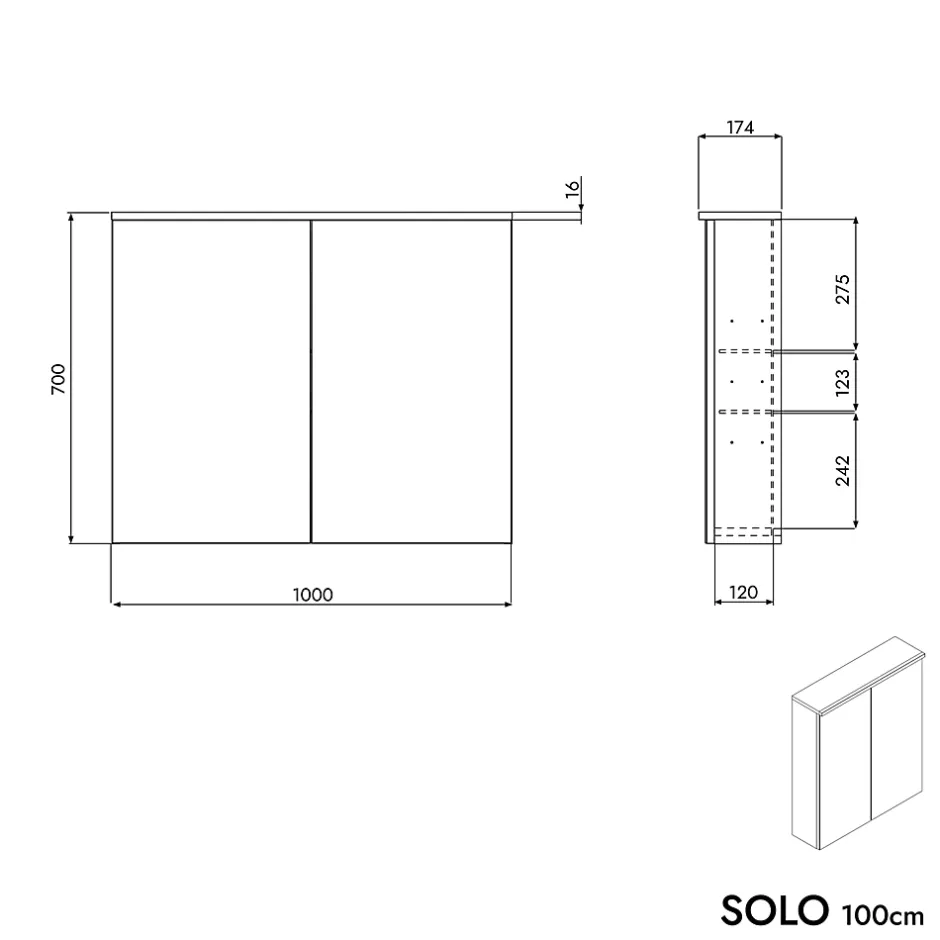 Bernstein Armoire de toilette suspendue Anthracite mat 100x18x70cm (LxPxH) 2 portes miroir, éclairage LED, tablettes en verre - SOLO* Armoire De Toilette