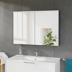 Bernstein Armoire de toilette suspendue Chêne miel 100x18x70cm (LxPxH) 2 portes miroir, éclairage LED, tablettes en verre - SOLO