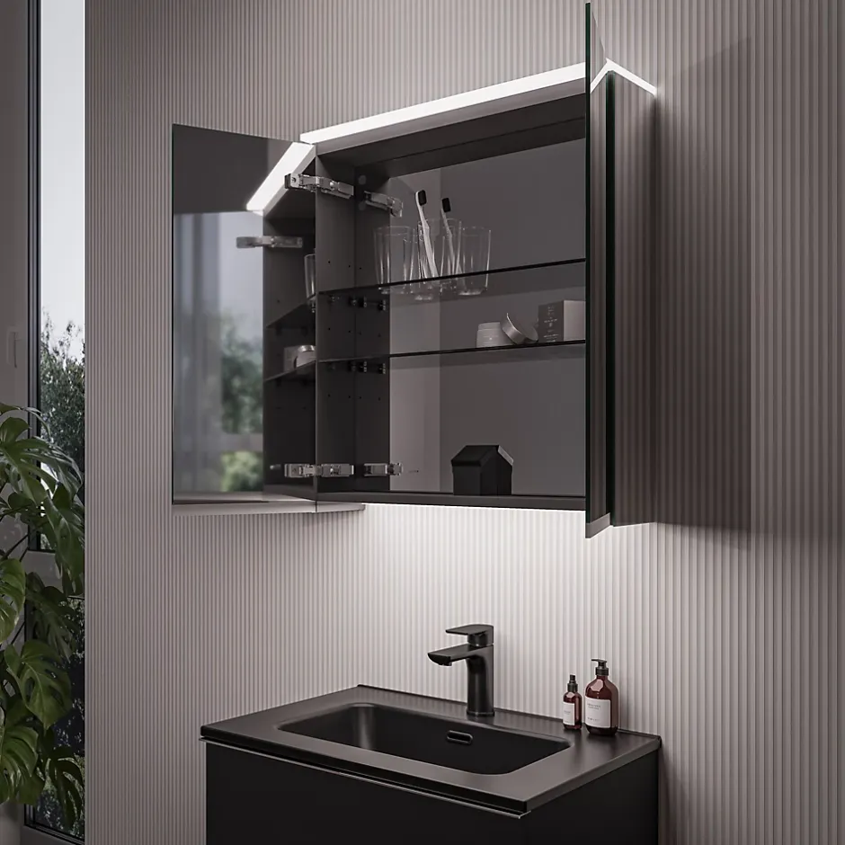 Bernstein Armoire de toilette suspendue miroir 40x19x71cm (LxPxH), charnière à gauche, éclairage LED, tablettes en verre - VARO* Armoire De Toilette