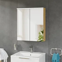 Bernstein Armoire de toilette suspendue Chêne miel 60x18x70cm (LxPxH) 2 portes miroir, éclairage LED, tablettes en verre - SOLO
