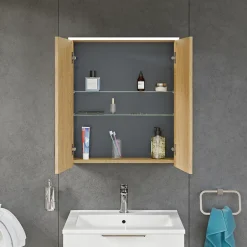 Bernstein Armoire de toilette suspendue Chêne miel 60x18x70cm (LxPxH) 2 portes miroir, éclairage LED, tablettes en verre - SOLO