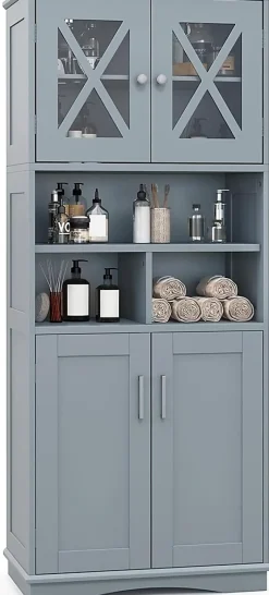 Giantex Armoire Haute de Salle de Bain Armoire de Rangement Autoportante avec 2 Placards à Portes Étagères Réglables Gris