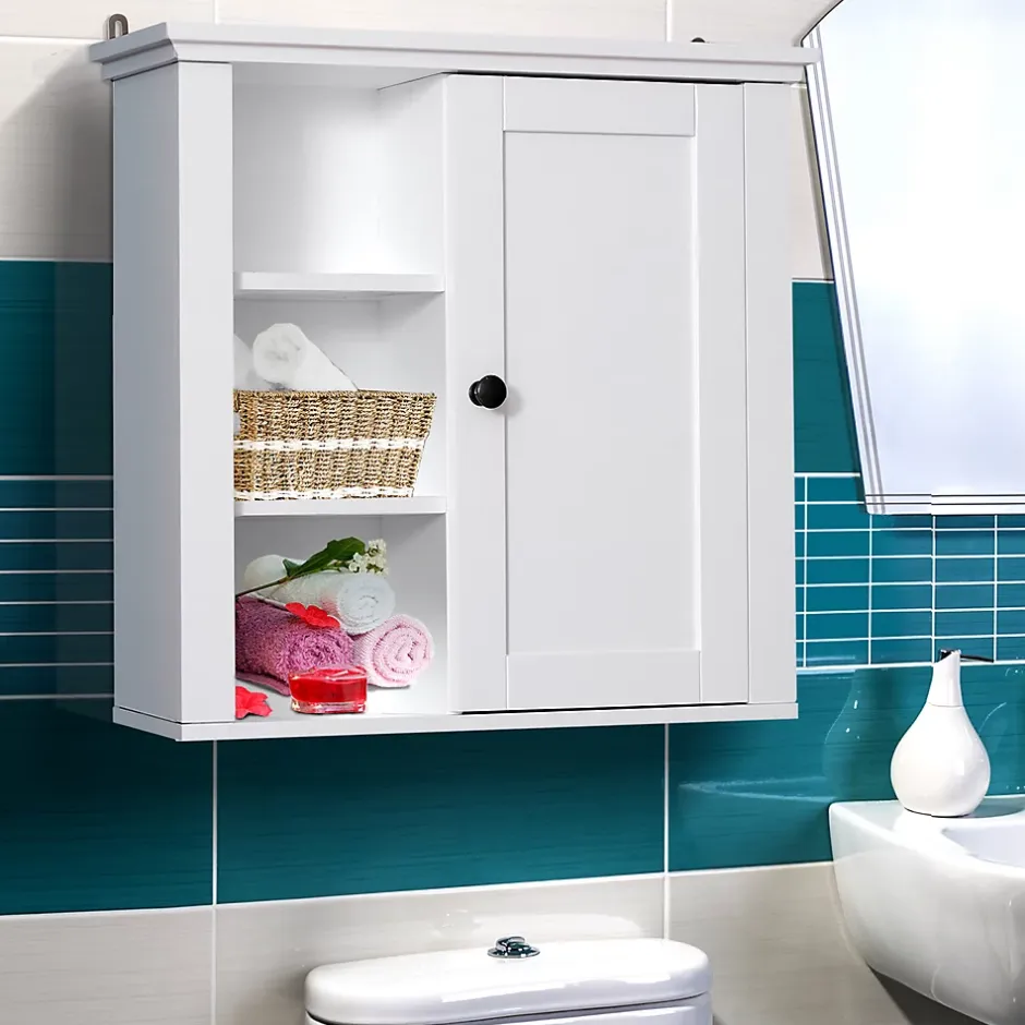 Homcom Armoire haute murale de salle de bain ou WC placard 1 porte 3 niches dim. 53L x 14,5l x 50,5H cm MDF panneaux particules blanc* Armoire De Salle De Bains