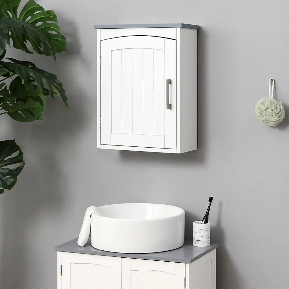 kleankin Armoire haute murale de salle de bain ou WC - placard porte avec étagère réglable - dim. 41L x 18l x 52H cm - MDF blanc gris