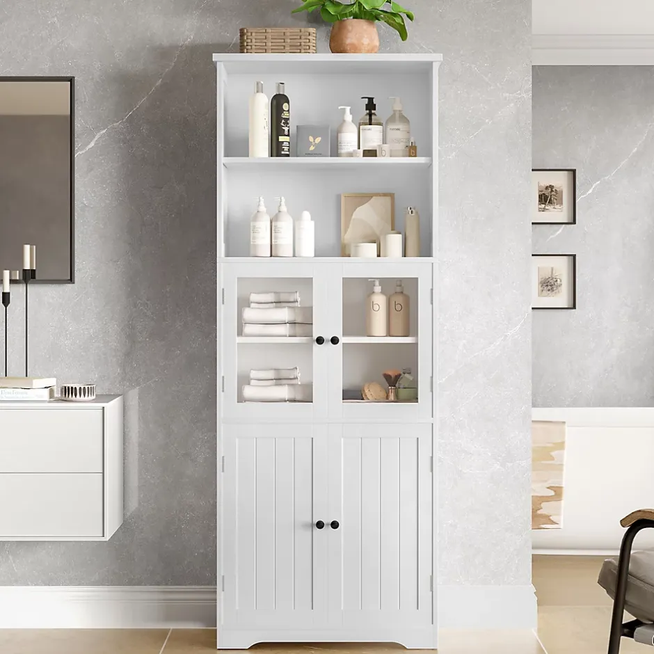 ProximaX Armoire haute salle de bain, laquée avec porte vitrée et porte bois, 2 étagères ouvertes avec séparateurs réglables, blanc* Meuble Wc
