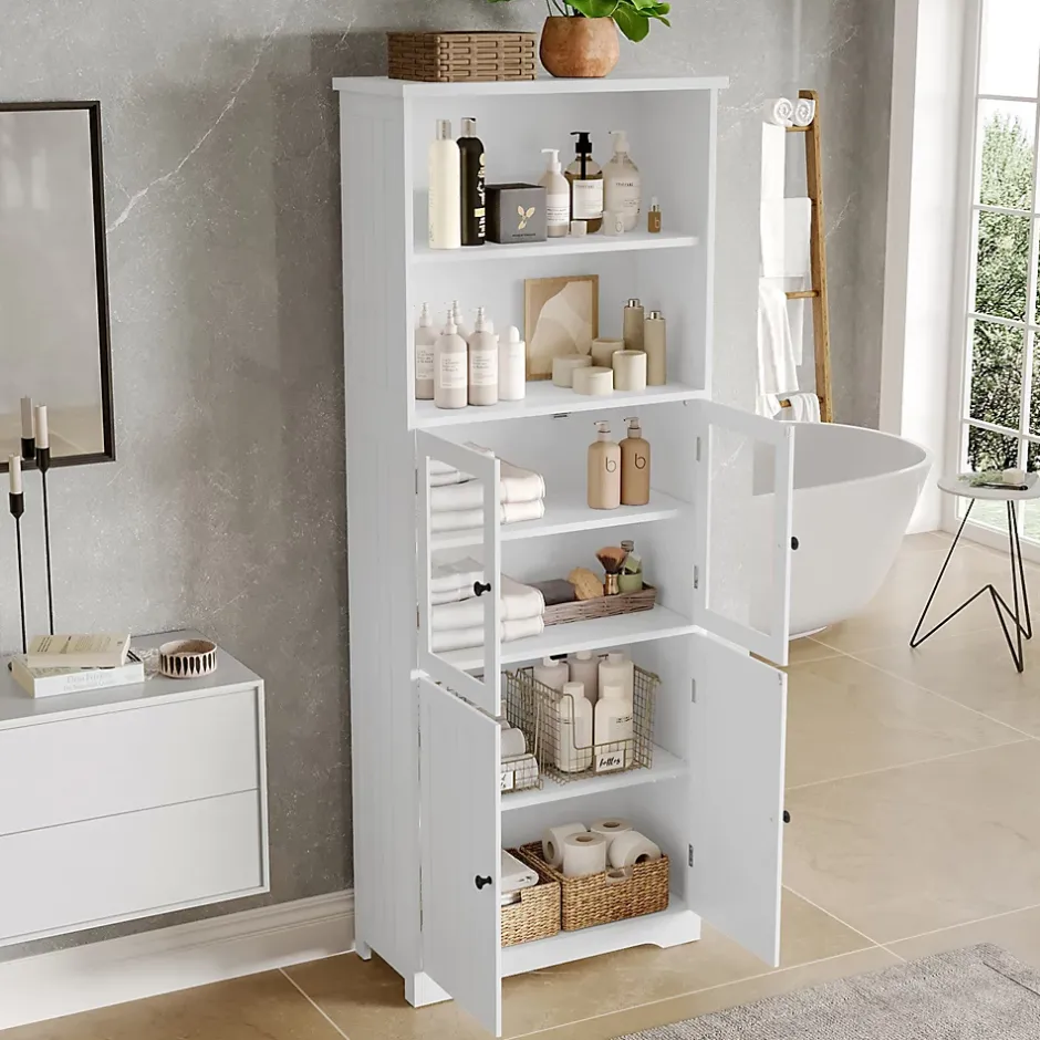 ProximaX Armoire haute salle de bain, laquée avec porte vitrée et porte bois, 2 étagères ouvertes avec séparateurs réglables, blanc* Meuble Wc