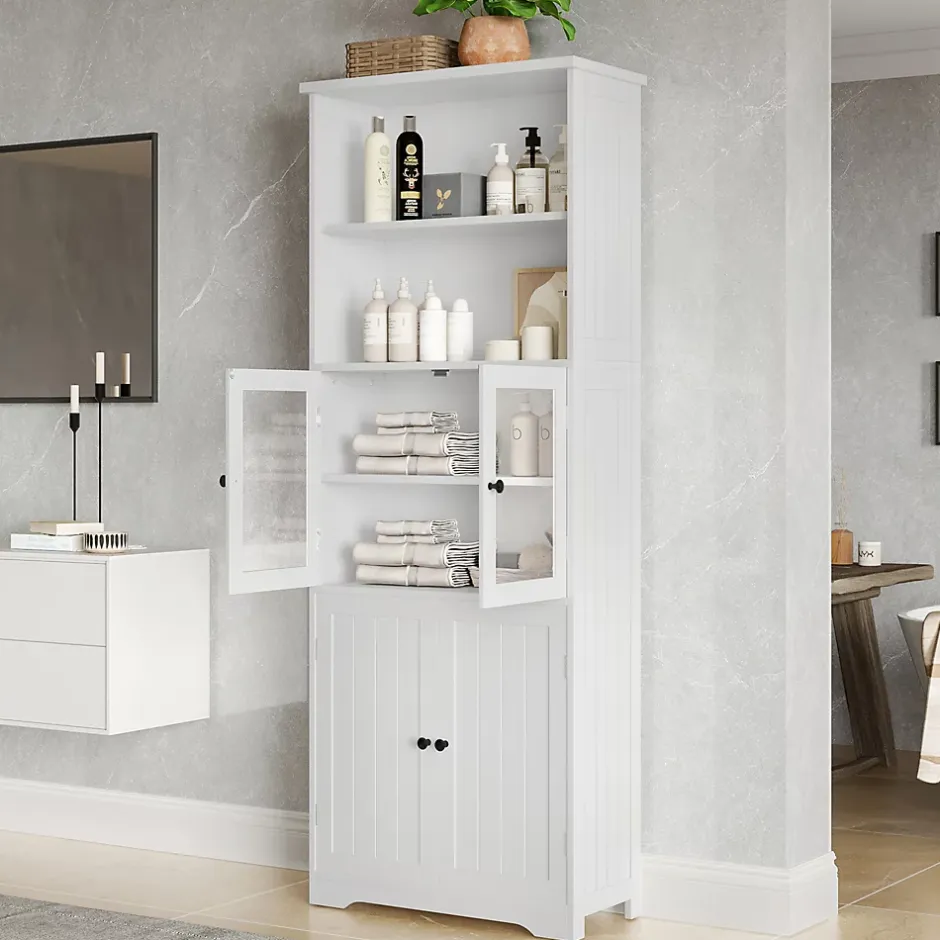 ProximaX Armoire haute salle de bain, laquée avec porte vitrée et porte bois, 2 étagères ouvertes avec séparateurs réglables, blanc* Meuble Wc