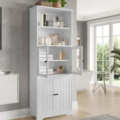 ProximaX Armoire haute salle de bain, laquée avec porte vitrée et porte bois, 2 étagères ouvertes avec séparateurs réglables, blanc* Meuble Wc
