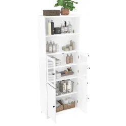 ProximaX Armoire haute salle de bain, laquée avec porte vitrée et porte bois, 2 étagères ouvertes avec séparateurs réglables, blanc* Meuble Wc