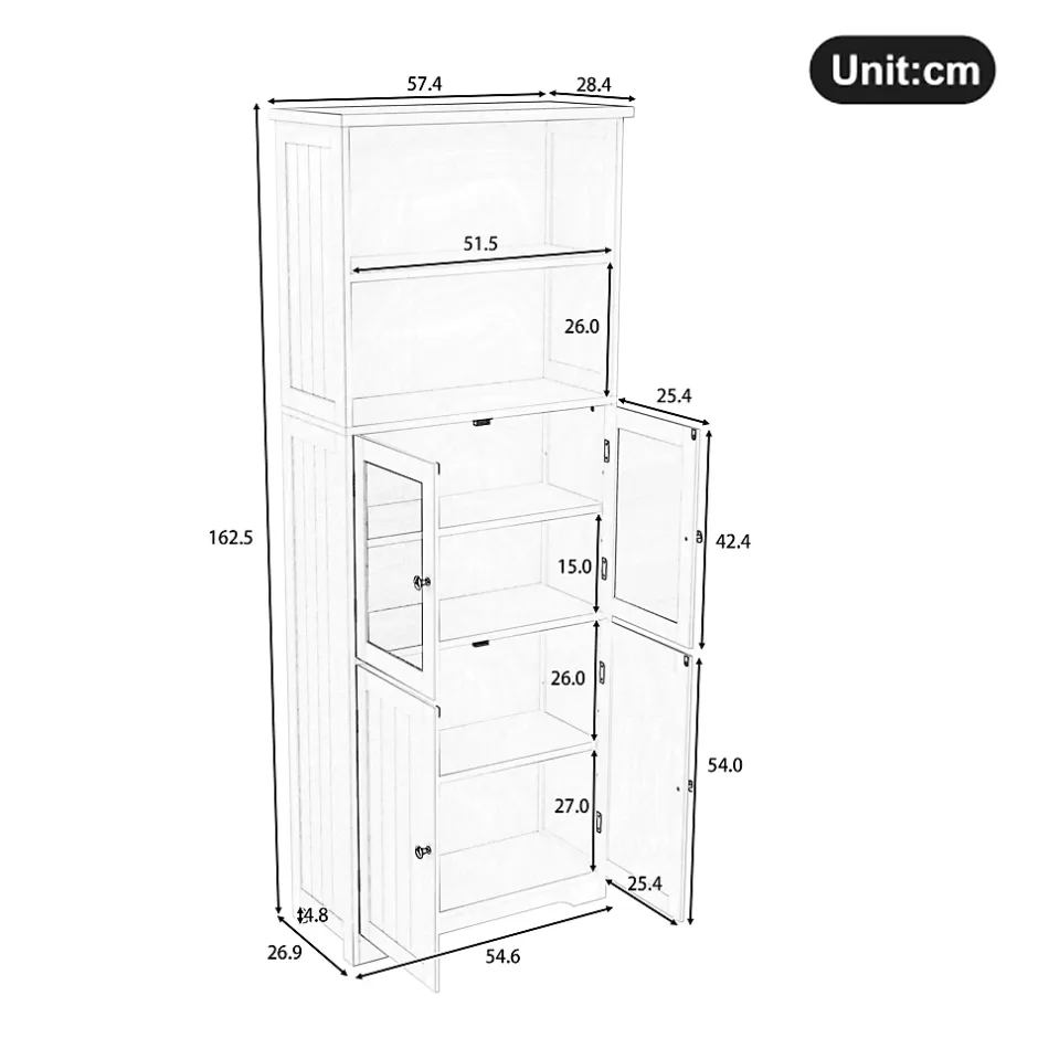 ProximaX Armoire haute salle de bain, laquée avec porte vitrée et porte bois, 2 étagères ouvertes avec séparateurs réglables, blanc* Meuble Wc