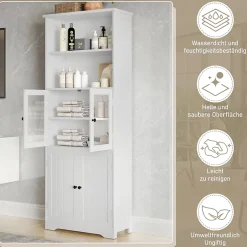 ProximaX Armoire haute salle de bain, laquée avec porte vitrée et porte bois, 2 étagères ouvertes avec séparateurs réglables, blanc* Meuble Wc