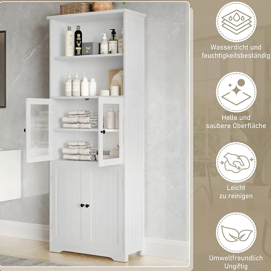 ProximaX Armoire haute salle de bain, laquée avec porte vitrée et porte bois, 2 étagères ouvertes avec séparateurs réglables, blanc* Meuble Wc
