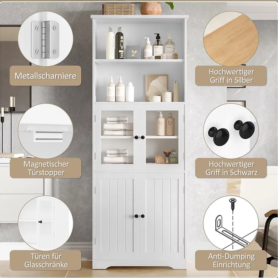 ProximaX Armoire haute salle de bain, laquée avec porte vitrée et porte bois, 2 étagères ouvertes avec séparateurs réglables, blanc* Meuble Wc