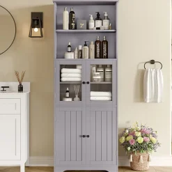 ProximaX Armoire haute salle de bain, porte vitrée et porte bois, 2 étagères ouvertes avec séparateurs réglables, gris* Meuble Wc