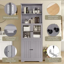 ProximaX Armoire haute salle de bain, porte vitrée et porte bois, 2 étagères ouvertes avec séparateurs réglables, gris* Meuble Wc