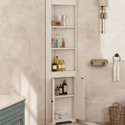 ProximaX Armoire haute salle de bain blanche, 3 compartiments ouverts, portes à charnières résistantes à l'humidité, étagères coulissantes* Meuble Wc