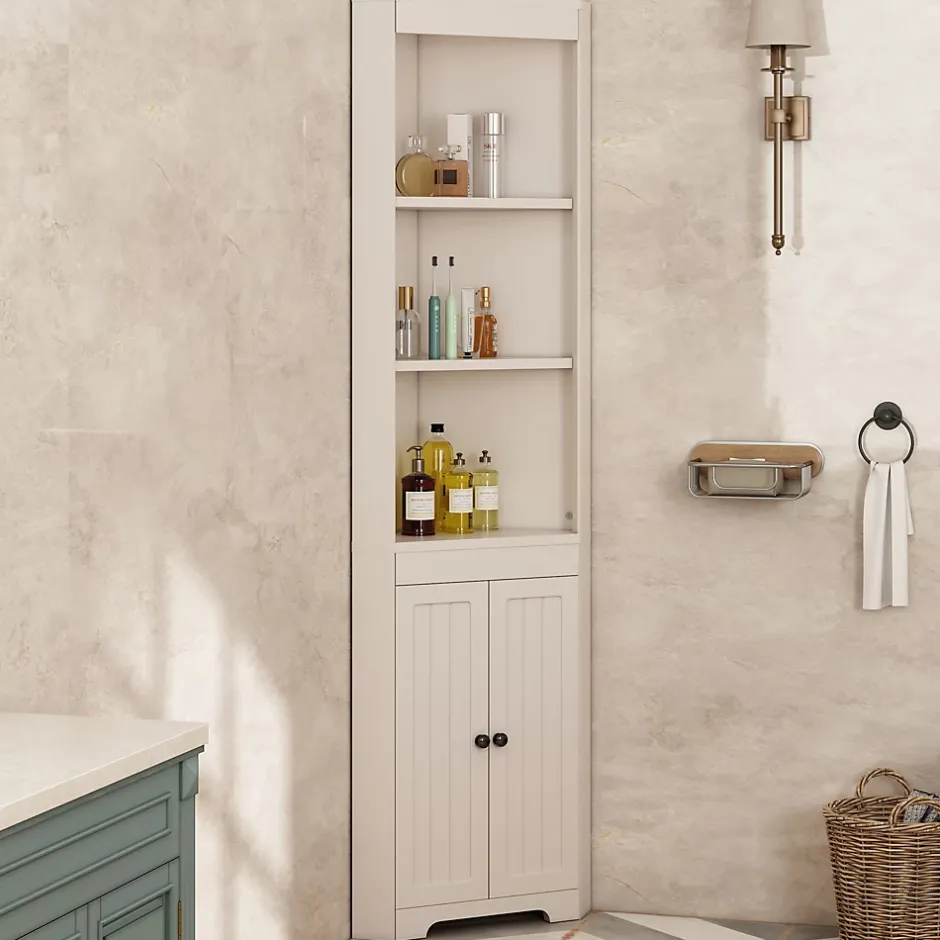 ProximaX Armoire haute salle de bain blanche, 3 compartiments ouverts, portes à charnières résistantes à l'humidité, étagères coulissantes* Meuble Wc