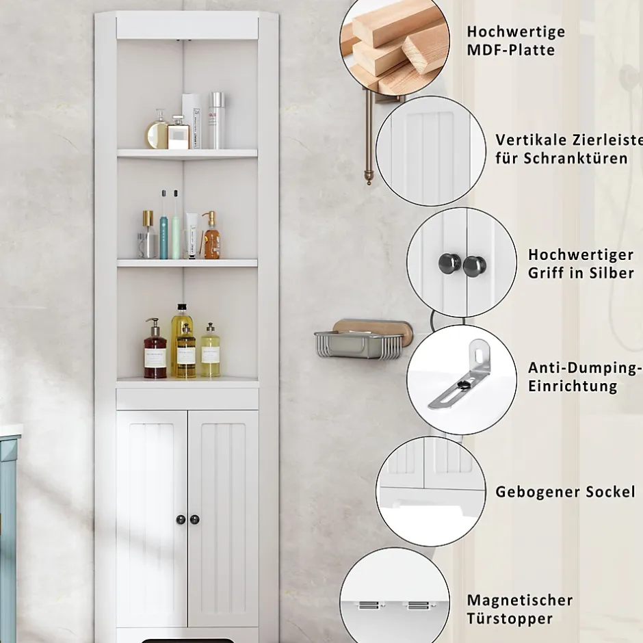 ProximaX Armoire haute salle de bain blanche, 3 compartiments ouverts, portes à charnières résistantes à l'humidité, étagères coulissantes* Meuble Wc