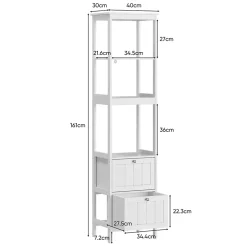 ProximaX Armoire haute étroite blanche, meuble salle de bain autoportant avec 2 tiroirs et 3 étagères, colonne de rangement 40x30x160 cm