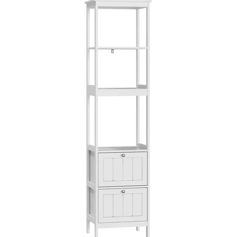 ProximaX Armoire haute étroite blanche, meuble salle de bain autoportant avec 2 tiroirs et 3 étagères, colonne de rangement 40x30x160 cm
