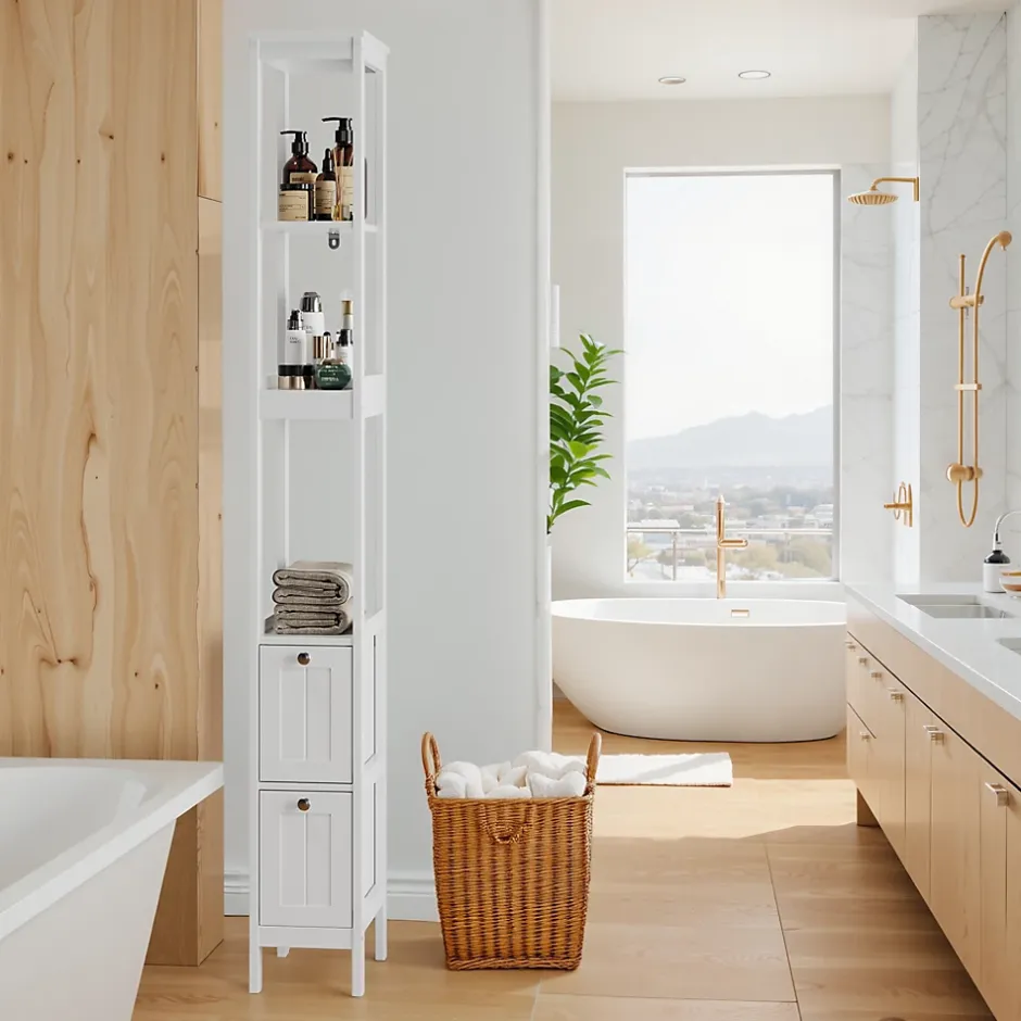 ProximaX Armoire haute étroite, meuble salle de bain autoportant avec 2 tiroirs et 3 étagères, colonne de rangement, Blanc* Meuble Wc