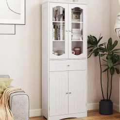 Giantex Armoire Hautede Salle de Bain 160 CM Portes en Verre Trempé Étagères Réglables Grand Tiroir* Armoire De Salle De Bains