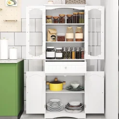 Giantex Armoire Hautede Salle de Bain 160 CM Portes en Verre Trempé Étagères Réglables Grand Tiroir* Armoire De Salle De Bains