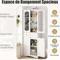 Giantex Armoire Hautede Salle de Bain 160 CM Portes en Verre Trempé Étagères Réglables Grand Tiroir* Armoire De Salle De Bains