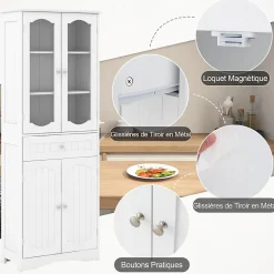 Giantex Armoire Hautede Salle de Bain 160 CM Portes en Verre Trempé Étagères Réglables Grand Tiroir* Armoire De Salle De Bains