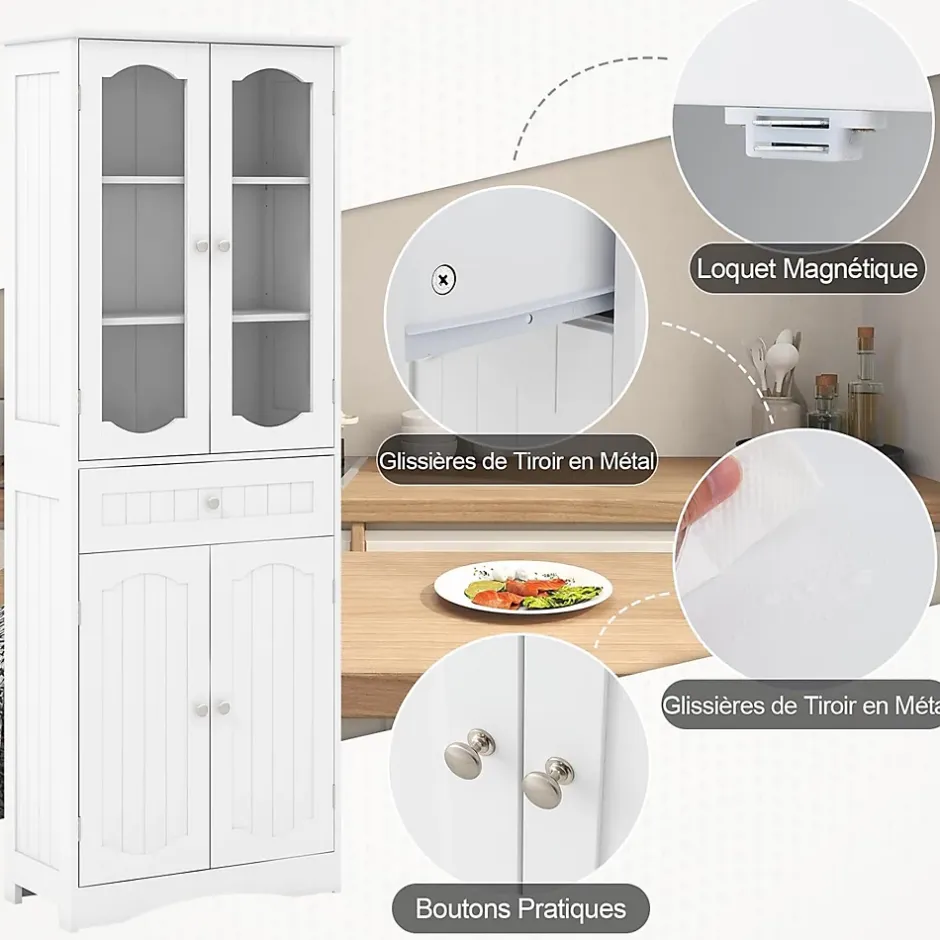Giantex Armoire Hautede Salle de Bain 160 CM Portes en Verre Trempé Étagères Réglables Grand Tiroir* Armoire De Salle De Bains