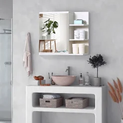 kleankin Armoire miroir de salle de bain avec étagère - 3 étagères latérales - kit installation murale fourni - panneaux particules blanc