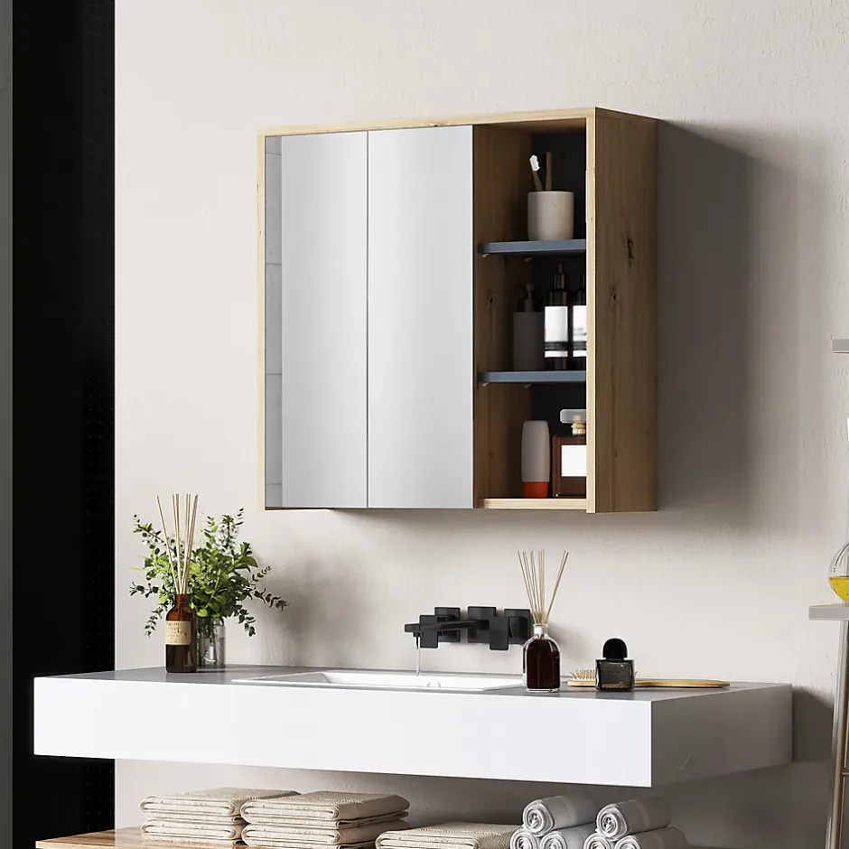 Homcom Armoire miroir de salle de bain - 2 portes, étagère, 3 niches - dim. 60 x 20 x 60 cm - effet bois clair naturel